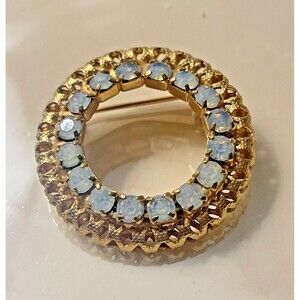 VTG Opaline Glass Brooch Pin Gold Plated Baby Blue Rhinestone Art Deco - Lovely!